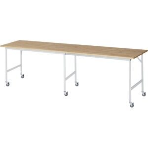 kaiserkraft Arbeitstisch, fahrbar, Buche-Massivholzplatte, Stärke 25 mm, 30 x 30 mm, BxTxH 3000 x 800 x 900 mm