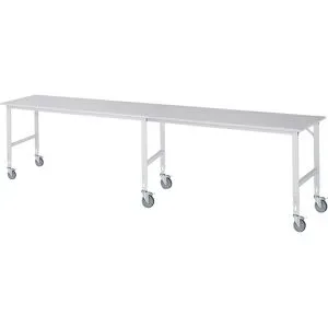 kaiserkraft Arbeitstisch, fahrbar, Melaminplatte, Stärke 22 mm, 60 x 30 mm, BxTxH 4000 x 800 x 910 - 1230 mm