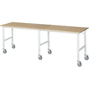 kaiserkraft Arbeitstisch, fahrbar, Buche-Massivholzplatte, Stärke 25 mm, 60 x 30 mm, BxTxH 3000 x 800 x 910 - 1230 mm