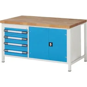 Werkbank, Gestellbauweise Serie 8000, 4 Schubladen, 1 Türfach, BxT 1500 x 900 mm eurokraft pro