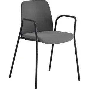 kaiserkraft Stuhl Helmer, Sitz gepolstert, Lehne Kunststoff, VE 4 Stk, Sitz dunkelgrau, Gestell schwarz, mit Armlehnen