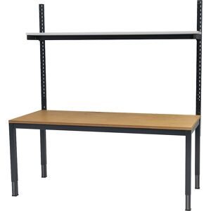 Höhenverstellbarer Arbeitstisch mit Etagenbord, höhenverstellbar 650 - 900 mm, BxT 1500 x 700 mm, Buche-Multiplexplatte eurokraft basic