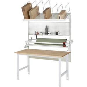 Packtisch komplett, manuell höhenverstellbar, Set 3 mit Lochplatte, Schneidgerät, Abrolleinheit, BxT 2000 x 800 mm, Buchenplatte RAU