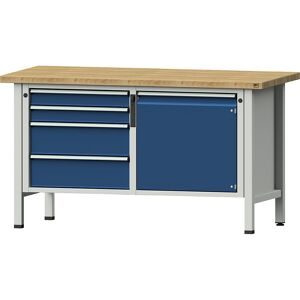 Werkbank, Gestellbauweise Serie V, 4 Schubladen, Tür 540 mm, Buche massiv, Vollauszug, NFC-Schloss ANKE