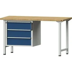 Werkbank, Gestellbauweise Serie V, 3 Schubladen, Breite 1500 mm, Buche massiv, Vollauszug, NFC-Schloss ANKE