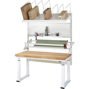 Packtisch komplett 600, elektrisch höhenverstellbar, Set 3 mit Lochplatte, Schneidgerät, Abrolleinheit, BxT 2000 x 900 mm, Buchenplatte RAU