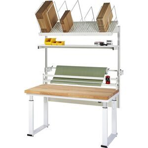 Packtisch komplett 600, elektrisch höhenverstellbar, Set 2 mit Etagenbord, Schneidgerät, Abrolleinheit, BxT 1500 x 700 mm, Buchenplatte RAU