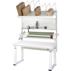 Packtisch komplett 600, elektrisch höhenverstellbar, Set 3 mit Lochplatte, Schneidgerät, Abrolleinheit, BxT 2000 x 900 mm, Hartlaminatplatte RAU