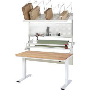 Packtisch komplett 300, elektrisch höhenverstellbar, Set 3 mit Lochplatte, Schneidgerät, Abrolleinheit, BxT 2000 x 1000 mm, Buchenplatte RAU