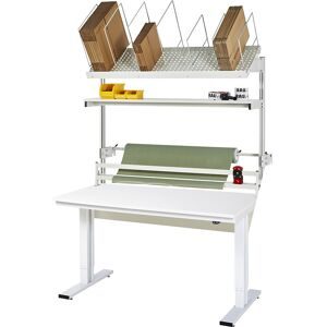 Packtisch komplett 300, elektrisch höhenverstellbar, Set 2 mit Etagenbord, Schneidgerät, Abrolleinheit, BxT 1500 x 800 mm, Melaminplatte RAU