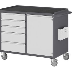 Kompaktwerkbänke, fahrbar, 5 Schubladen, 1 Tür, Metallablage mit Gummimatte, anthrazit / lichtgrau RAU