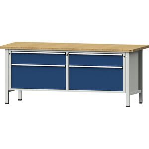 Werkbank mit XL/XXL-Schubladen, Gestellbauweise, Breite 2000 mm, 4 Schubladen, Buchemassivplatte, Front enzianblau ANKE