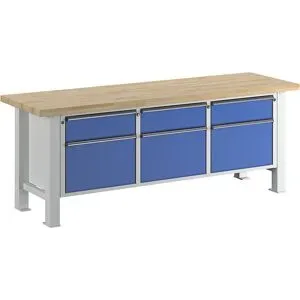 Schwerlast-Werkbank, Plattenbreite 2250 mm, mit 3 Schubladen und 3 Flügeltüren, Plattenstärke 50 mm ANKE