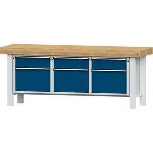 Schwerlast-Werkbank, Plattenbreite 2250 mm, mit 3 Schubladen und 3 Flügeltüren, Plattenstärke 100 mm ANKE
