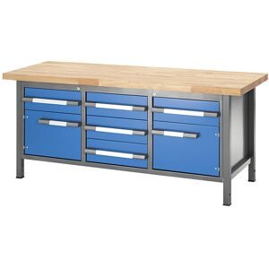 Höhenverstellbare Werkbank, Gestellbauweise, 5 Schubladen, 2 Flügeltüren, Breite 2000 mm, anthrazit / blau eurokraft pro