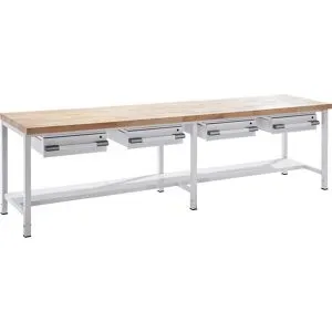 Höhenverstellbare Werkbank, Gestellbauweise, mit Schubladen, Breite 2000 mm, grau / blau eurokraft pro