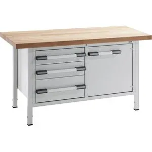 Höhenverstellbare Werkbank, Gestellbauweise, Breite 1500 mm, 3 Schubladen, 1 Tür, grau eurokraft pro