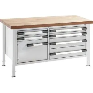 Höhenverstellbare Werkbank, Gestellbauweise, Breite 1500 mm, 6 Schubladen, 1 Tür, grau eurokraft pro