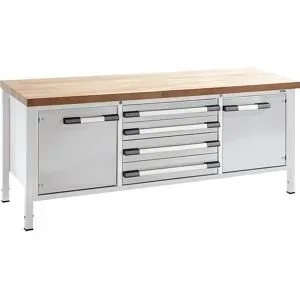 Höhenverstellbare Werkbank, Gestellbauweise, Breite 2000 mm, 4 Schubladen, 2 Türen, grau eurokraft pro