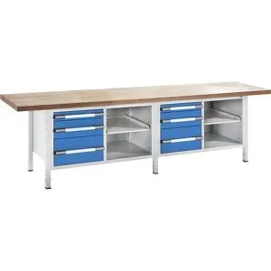 Höhenverstellbare Werkbank, Gestellbauweise, Breite 3000 mm, 6 Schubladen, grau / blau eurokraft pro