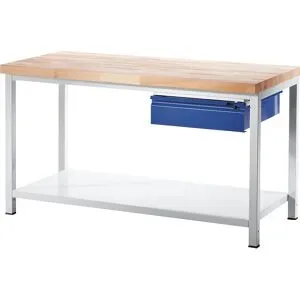 Werkbank, Gestellbauweise, 1 Schublade Größe L, 1 Ablageboden Stahlblech, Tiefe 700 mm, Breite 1000 mm RAU