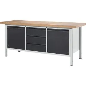 Werkbank, Gestellbauweise Serie 8500, 3 Schubladen, 2 Türen, Plattenbreite 2000 mm, anthrazit-metallic RAU