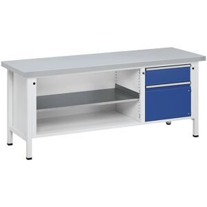 Werkbank, Gestellbauweise Serie V, 1 Schublade 180 mm, Tür 360 mm, Stahlblechbelag, Teilauszug ANKE