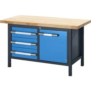 Höhenverstellbare Werkbank, Gestellbauweise, 3 Schubladen, 1 Flügeltür, Breite 1500 mm, anthrazit / blau eurokraft pro