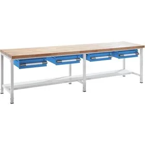 Höhenverstellbare Werkbank, Gestellbauweise, mit Schubladen, Breite 3000 mm, grau / blau eurokraft pro