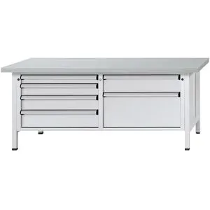 Werkbank mit XL/XXL-Schubladen, Gestellbauweise, Breite 2000 mm, 6 Schubladen, Stahlblechbelagplatte, Front lichtgrau ANKE