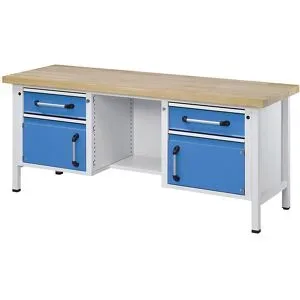 Werkbank, Gestellbauweise, Breite 2000 mm, 2 Schubladen, 2 Türen, Buche massiv eurokraft pro