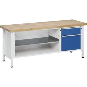 Werkbank, Gestellbauweise Serie V, 1 Schublade 180 mm, Tür 360 mm, Buche massiv, Teilauszug ANKE