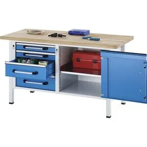 Werkbank, Gestellbauweise, Breite 1500 mm, 4 Schubladen, 1 Tür, lichtblau, Buche massiv eurokraft pro