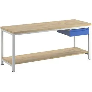 Werkbank, Gestellbauweise, 1 Schublade Größe L, 1 Ablageboden Buche massiv, Tiefe 700 mm, Breite 2000 mm RAU