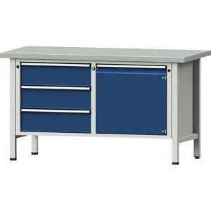 Werkbank, Gestellbauweise Serie V, 3 Schubladen, Tür 540 mm, Stahlblechbelag, Volllauszug ANKE