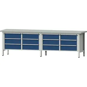 Werkbank Breite 2800 mm, Gestellbauweise, 12 Schubladen, 180 mm mit Teilauszug, Stahlblechbelagplatte ANKE