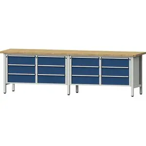 Werkbank Breite 2800 mm, Gestellbauweise, 12 Schubladen, 180 mm mit Vollauszug, Buchemassivplatte ANKE