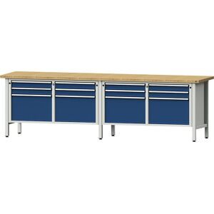 Werkbank Breite 2800 mm, Gestellbauweise, 12 Schubladen, 8 x 90 mm, 4 x 360 mm, Buchemassivplatte ANKE