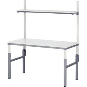 Arbeitsplatz-System, manuell höhenverstellbar von 650 - 1000 mm, Grundtisch mit Etagenbord, BxT 1800 x 900 mm RAU