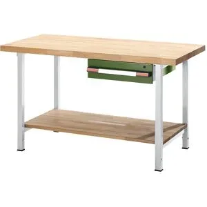Höhenverstellbare Werkbank, Gestellbauweise, 1 Schublade, 1 Ablageboden, Breite 1250 mm, lichtgrau / resedagrün eurokraft pro