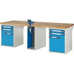 Werkbank, Baukastensystem Serie 7000, 4 Schubladen, 2 Türen, 1 Schraubstock (Klapp-Lift) mittig, BxT 2500 x 900 mm eurokraft pro