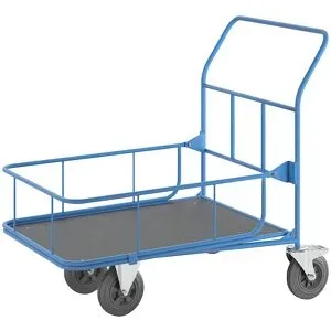 Plattform-CC-Wagen, mit Geländer, Tragfähigkeit 300 kg, 2 Lenkrollen mit Doppelstopp eurokraft pro