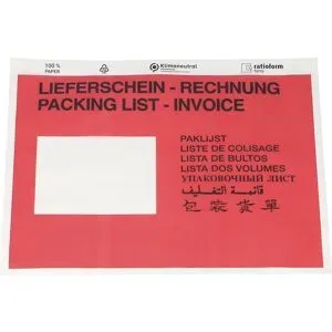 Dokumententaschen aus Papier, Aufdruck Lieferschein - Rechnung, VE 1000 Stk, LxB 240 x 175 mm, rot, ab 5 VE ratioform terra