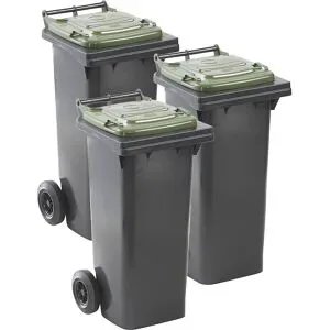 kaiserkraft Mülltonnen DIN EN 840, VE 3 Stück, Volumen 3 x 80 l Liter, anthrazit, Deckel grün