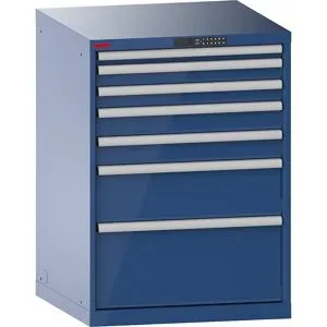 Schubladenschrank, mit Akkuladefunktion, RFID-Schloss, BxTxH 717 x 725 x 1000 mm, 7 Schubladen, 2 x 230V, enzianblau, CH LISTA
