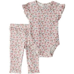2-tlg. Set Body kurzarm und Leggings Blumen Rippqualität