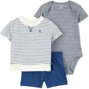 3-tlg. Set Body kurzarm, T-Shirt und Shorts Ringel