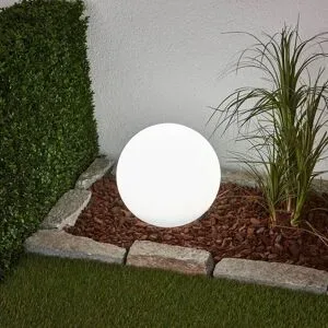 Lindby LED-Solarlampe Lago, Ø 30 cm, Kugel, Erdspieß, weiß Lago, weiß / opal, Kunststoff, Modern, Solarleuchte