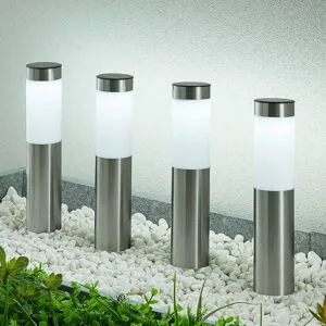 Lindby LED-Solar-Sockellampe, 4er-Set, Erdspieß, 31 cm, IP44 Sirita, alu / grau / zink, Edelstahl, Modern, Solarleuchten