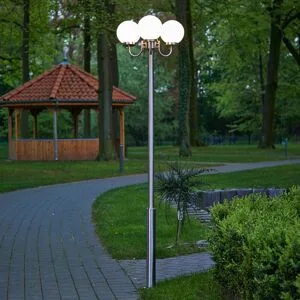 Lindby Außenleuchte Samuel, 218 cm, 3-flg., Kugel, E27, IP44 Samuel Lindby, dimmbar, alu / grau / zink, Edelstahl, Modern